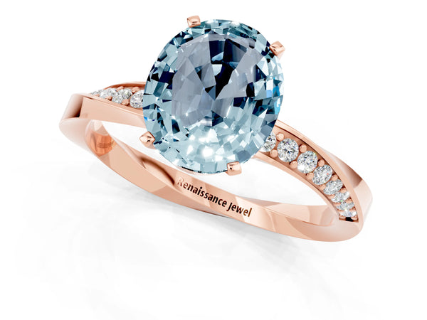 Rose gold Oval Cut Aquamarine Engagement Ring with Side Stone Accents and Four-Prong Setting