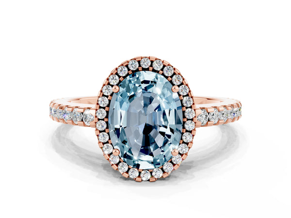 Rose gold Oval Cut Aquamarine Halo Engagement Ring with Pavé Band and Prong Setting