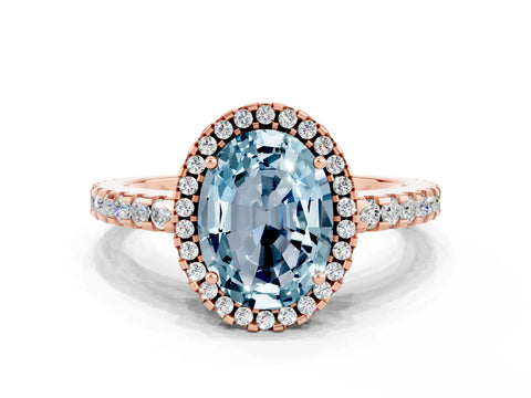 Rose gold Oval Cut Aquamarine Halo Engagement Ring with Pavé Band and Prong Setting_12