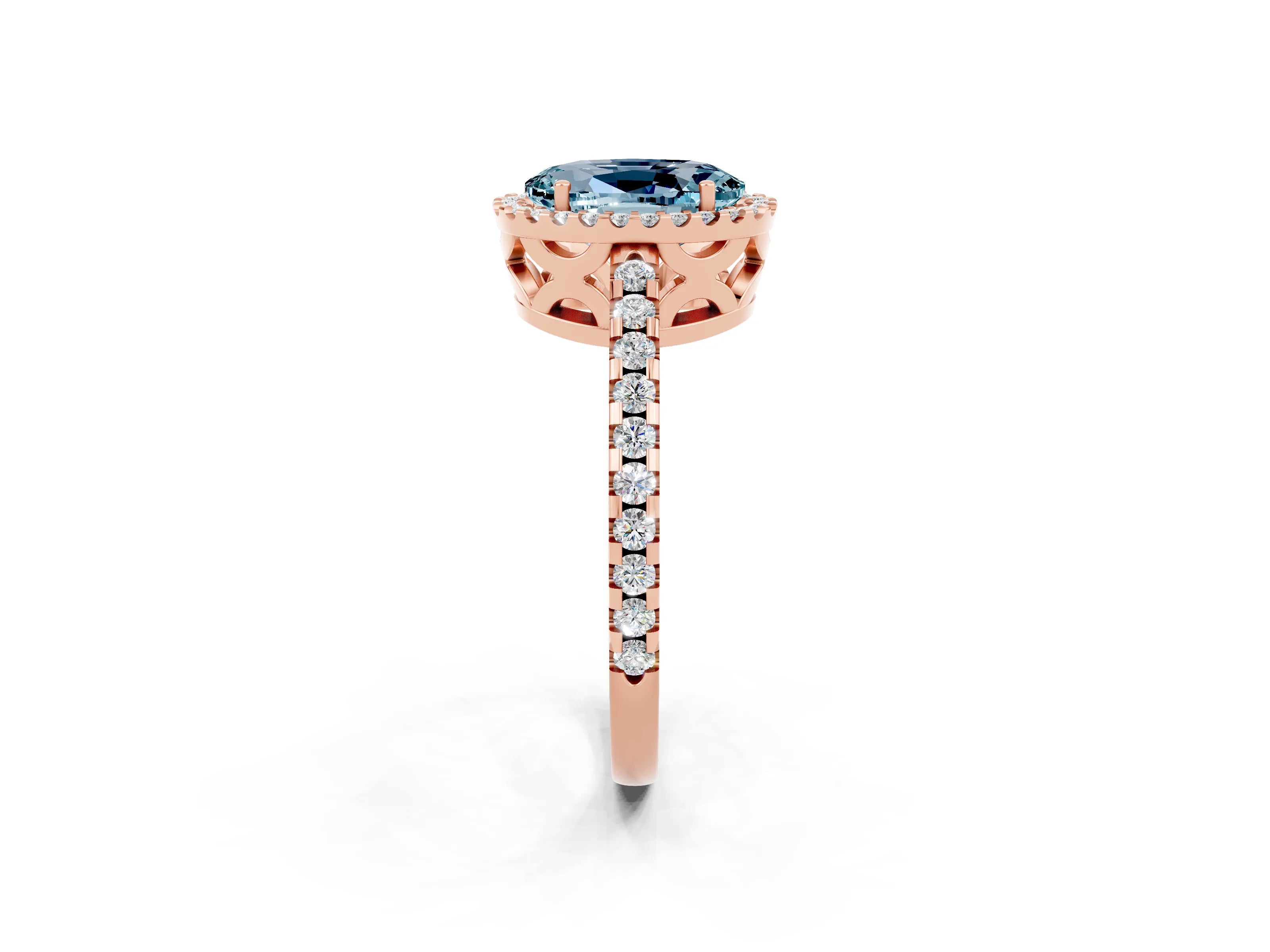 Rose gold Oval Cut Aquamarine Halo Engagement Ring with Pavé Band and Prong Setting_14