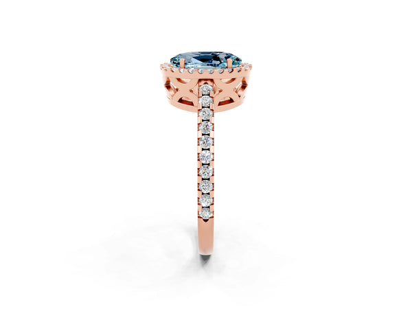 Rose gold Oval Cut Aquamarine Halo Engagement Ring with Pavé Band and Prong Setting