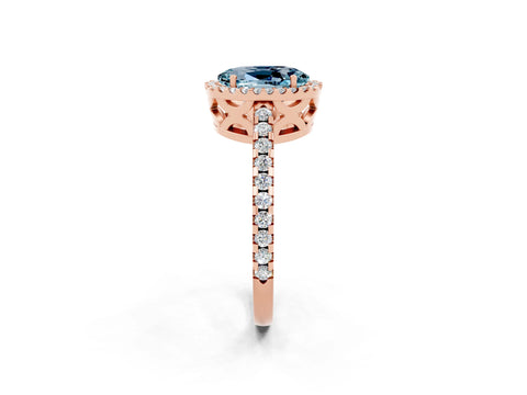 Rose gold Oval Cut Aquamarine Halo Engagement Ring with Pavé Band and Prong Setting_14