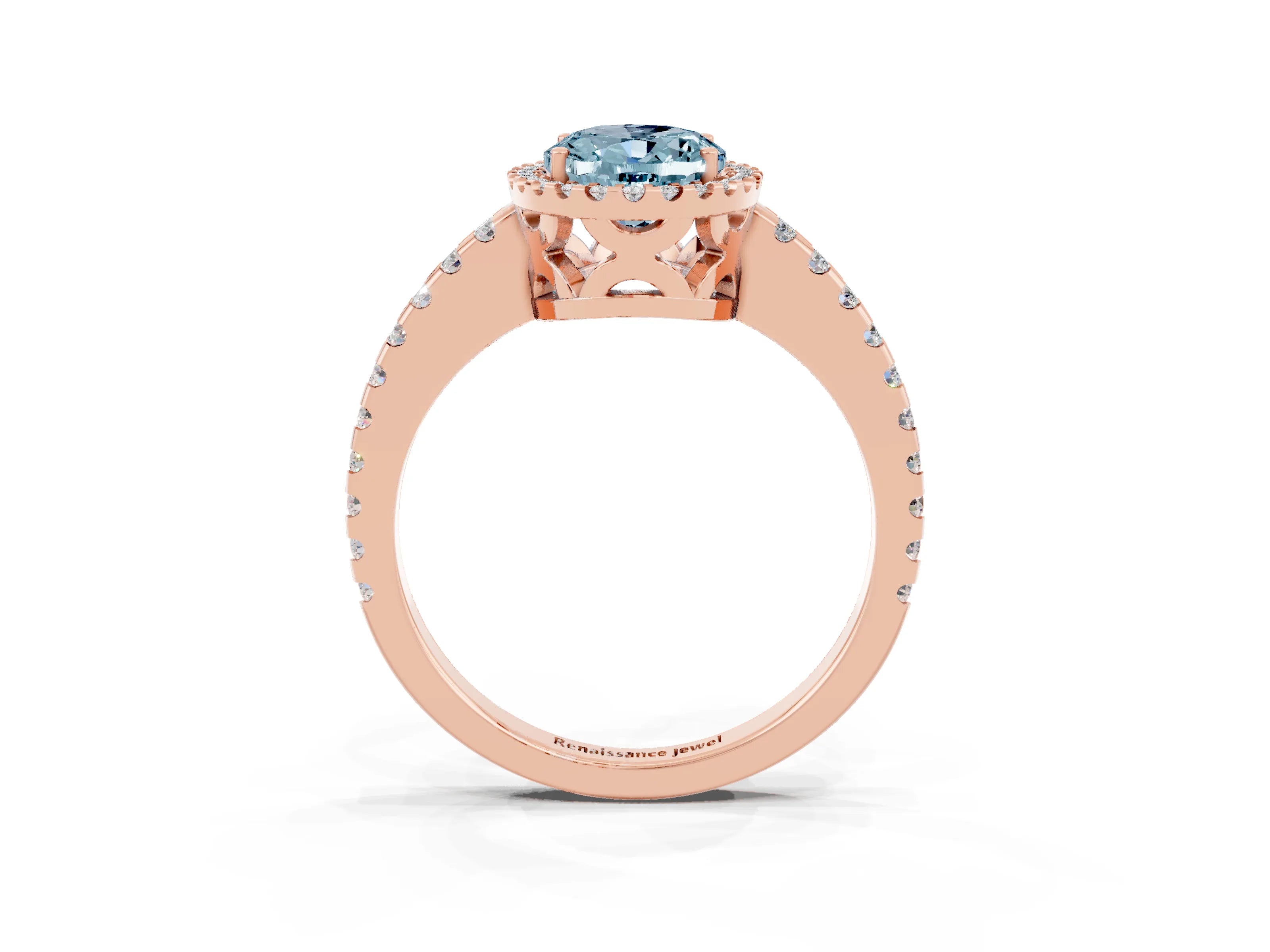 Rose gold Oval Cut Aquamarine Halo Engagement Ring with Pavé Band and Prong Setting_15