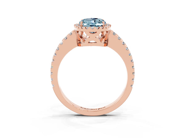 Rose gold Oval Cut Aquamarine Halo Engagement Ring with Pavé Band and Prong Setting
