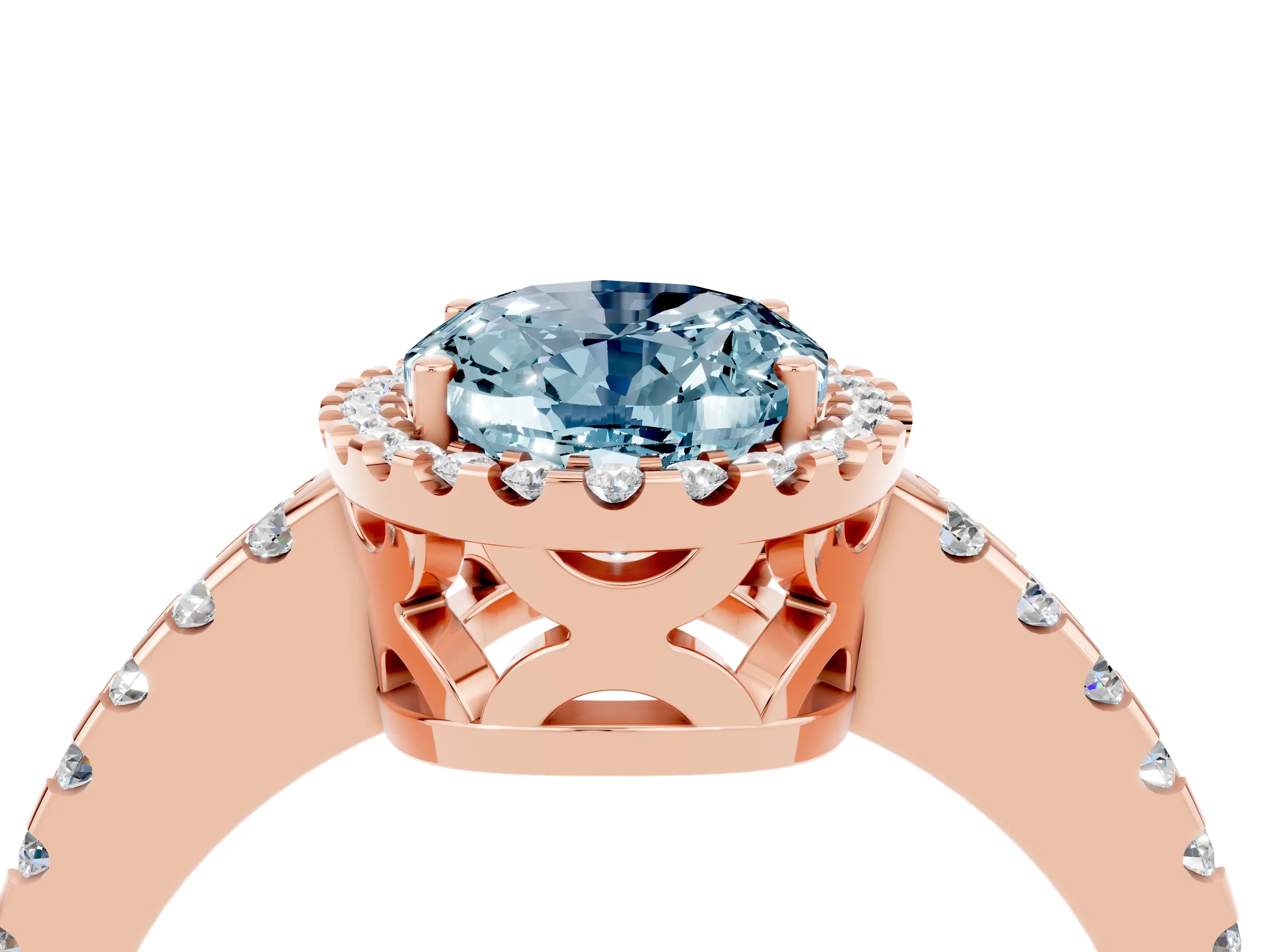 Rose gold Oval Cut Aquamarine Halo Engagement Ring with Pavé Band and Prong Setting_16