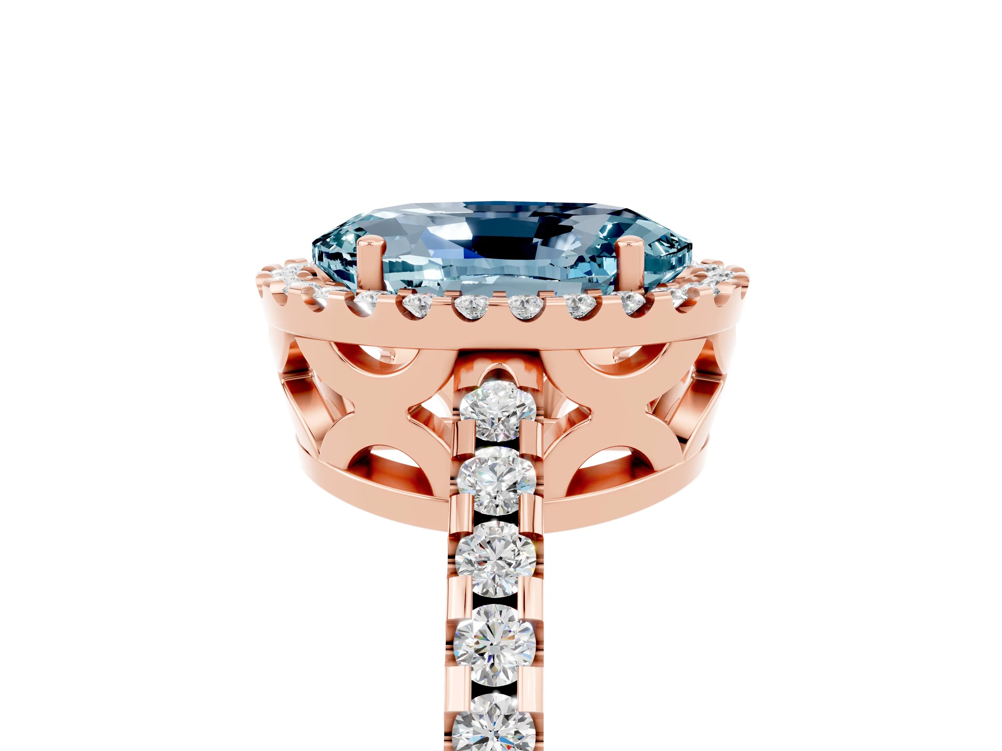 Rose gold Oval Cut Aquamarine Halo Engagement Ring with Pavé Band and Prong Setting_17
