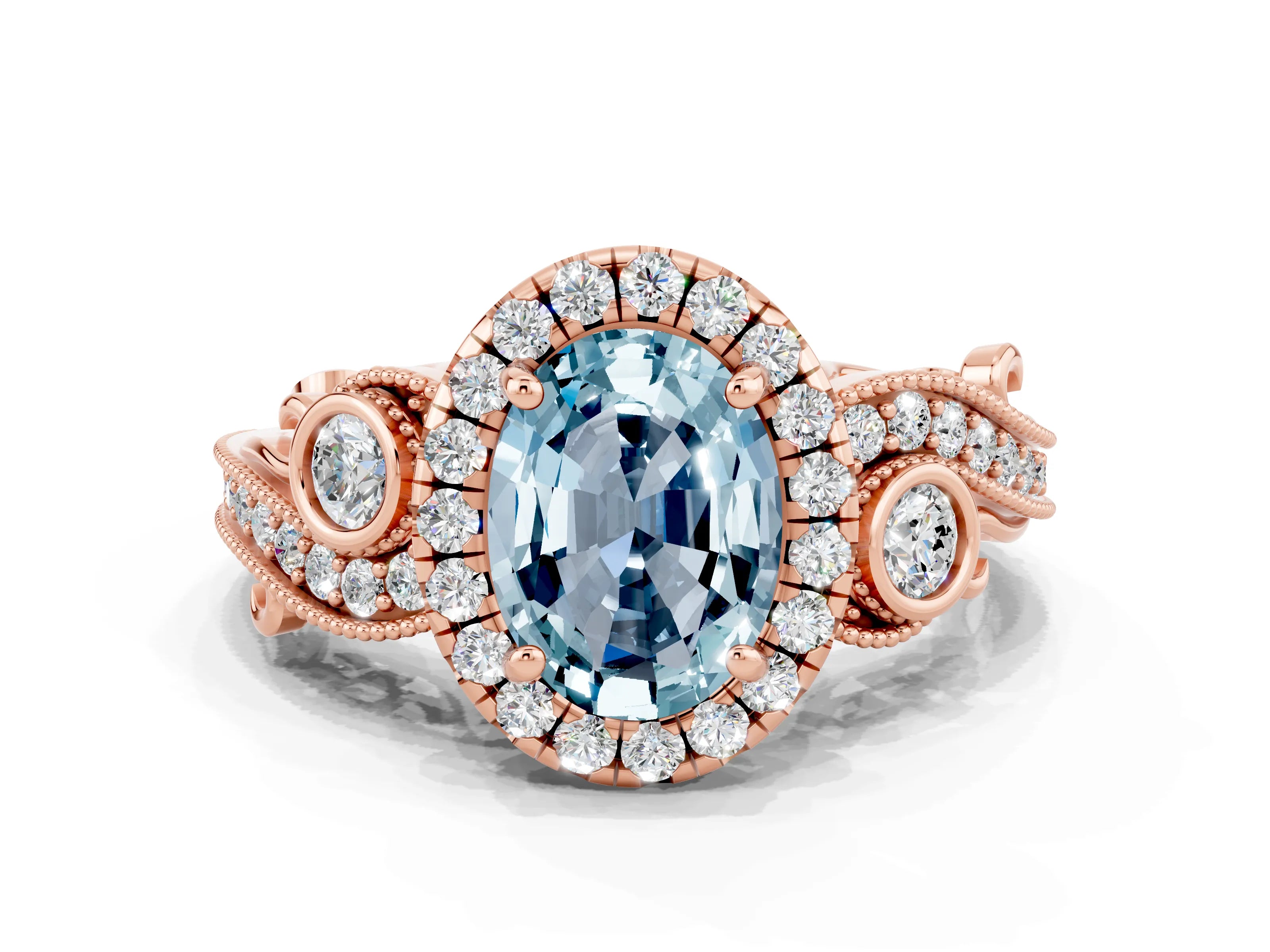 Rose gold Oval Cut Aquamarine Halo Ring with Milgrain Pavé Band and Four-Prong Setting_24