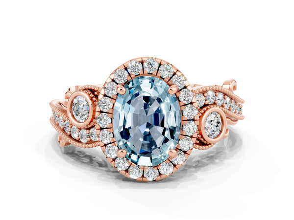 Rose gold Oval Cut Aquamarine Halo Ring with Milgrain Pavé Band and Four-Prong Setting