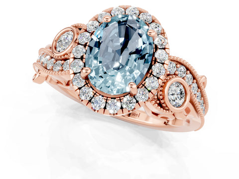 Rose gold Oval Cut Aquamarine Halo Ring with Milgrain Pavé Band and Four-Prong Setting_25
