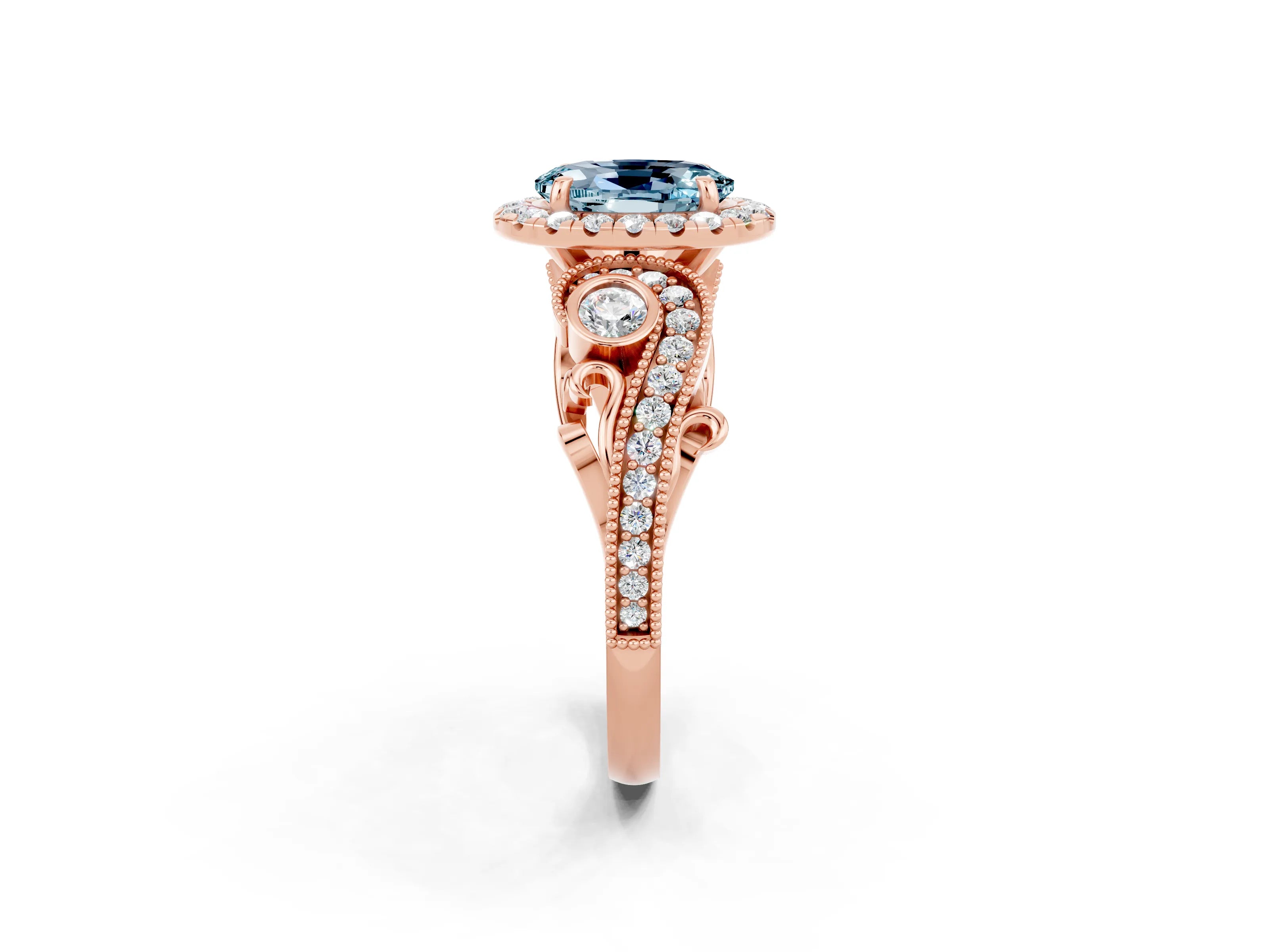 Rose gold Oval Cut Aquamarine Halo Ring with Milgrain Pavé Band and Four-Prong Setting_26