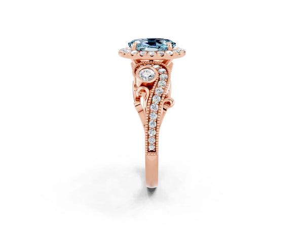 Rose gold Oval Cut Aquamarine Halo Ring with Milgrain Pavé Band and Four-Prong Setting