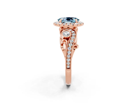 Rose gold Oval Cut Aquamarine Halo Ring with Milgrain Pavé Band and Four-Prong Setting_26