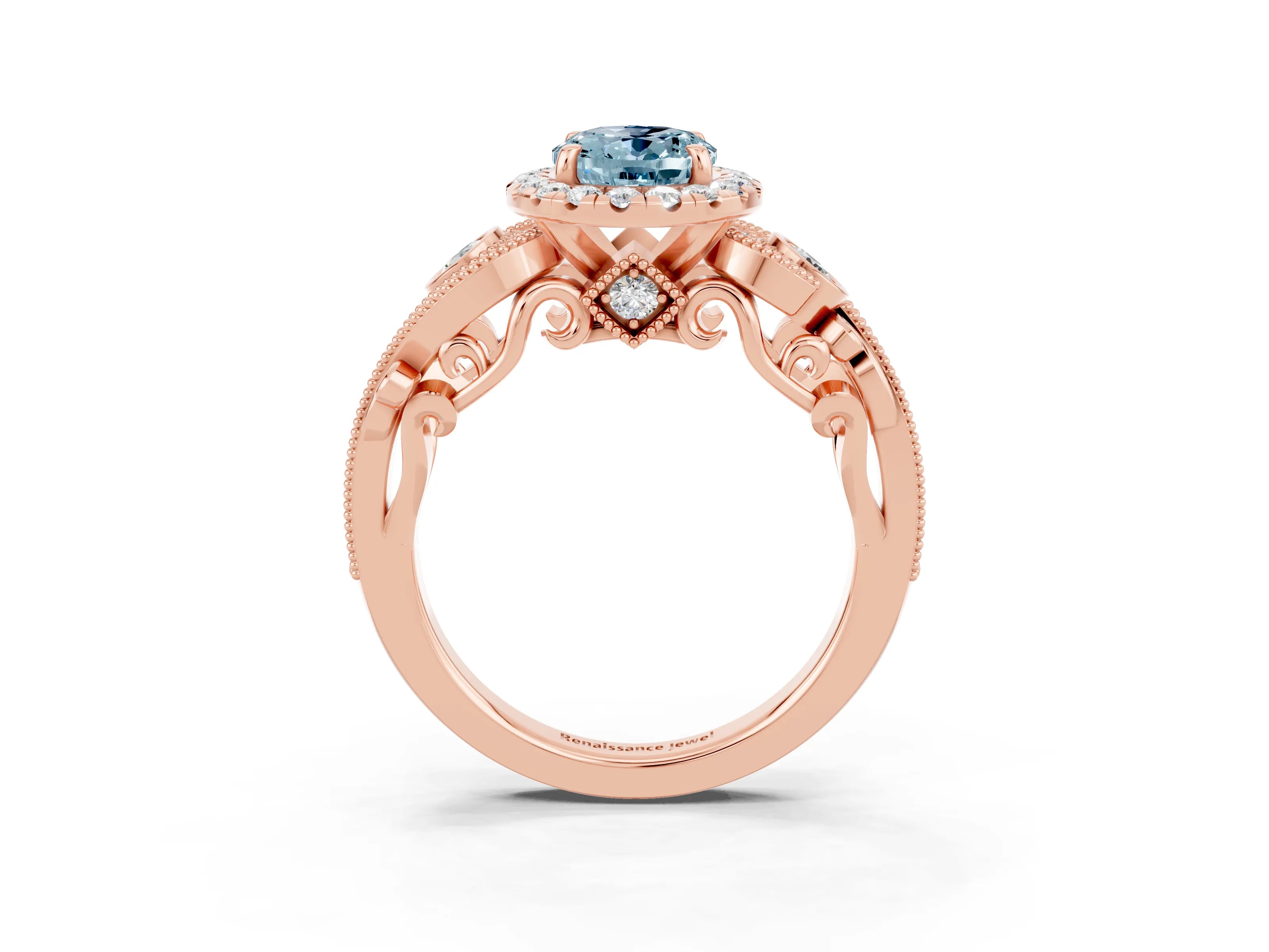 Rose gold Oval Cut Aquamarine Halo Ring with Milgrain Pavé Band and Four-Prong Setting_27
