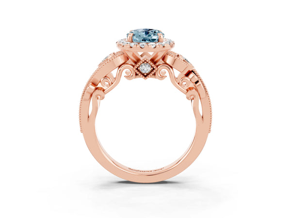 Rose gold Oval Cut Aquamarine Halo Ring with Milgrain Pavé Band and Four-Prong Setting