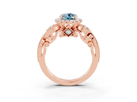 Rose gold Oval Cut Aquamarine Halo Ring with Milgrain Pavé Band and Four-Prong Setting_27