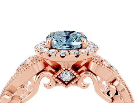 Rose gold Oval Cut Aquamarine Halo Ring with Milgrain Pavé Band and Four-Prong Setting_28