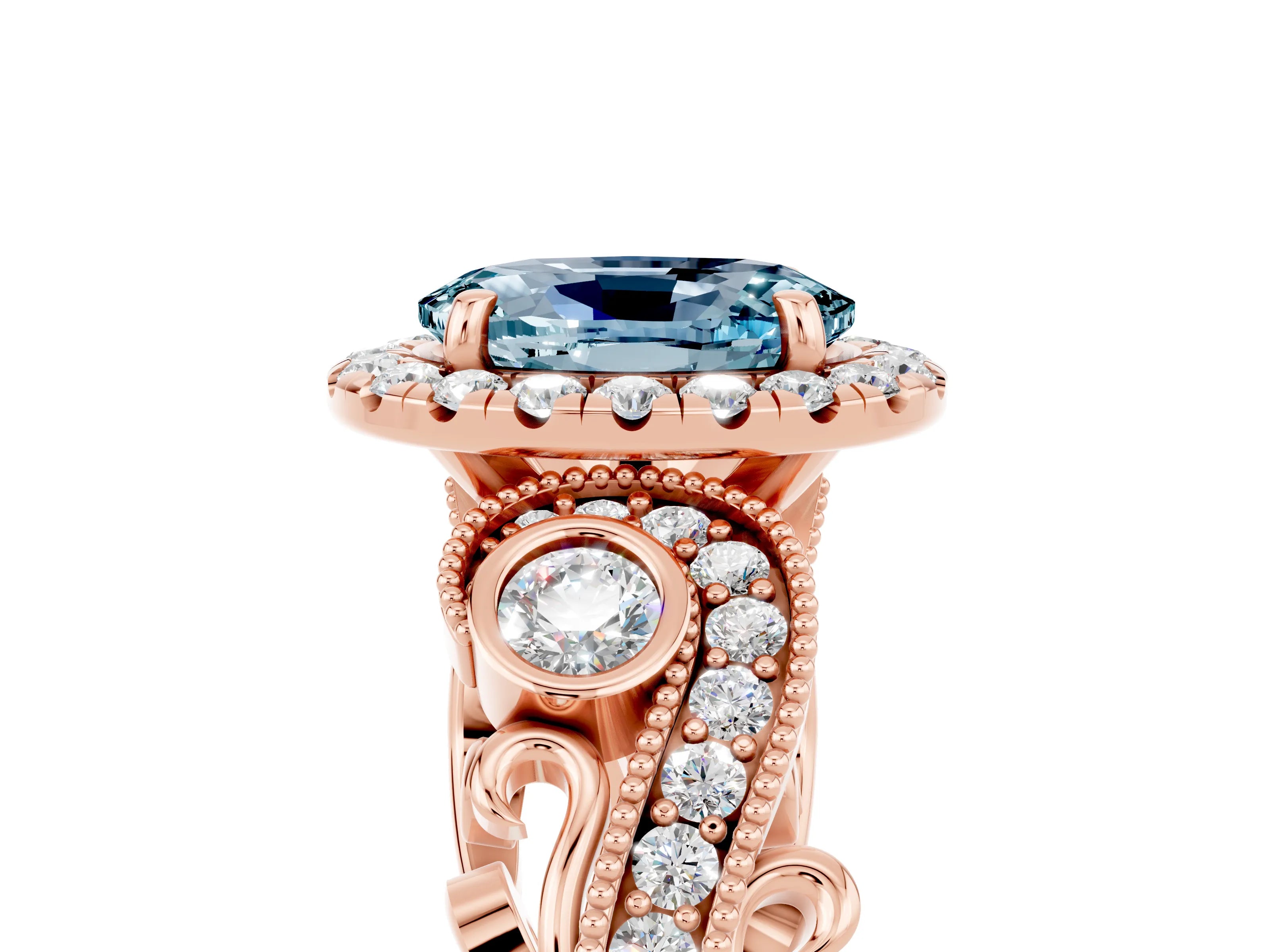 Rose gold Oval Cut Aquamarine Halo Ring with Milgrain Pavé Band and Four-Prong Setting_29