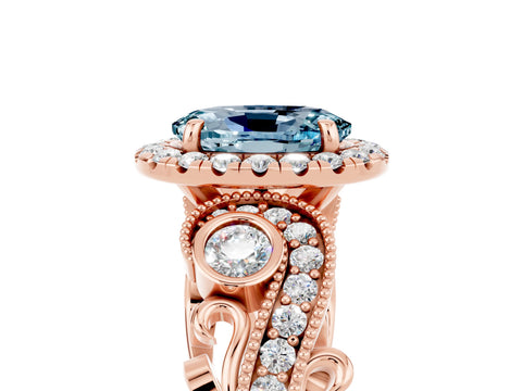 Rose gold Oval Cut Aquamarine Halo Ring with Milgrain Pavé Band and Four-Prong Setting_29