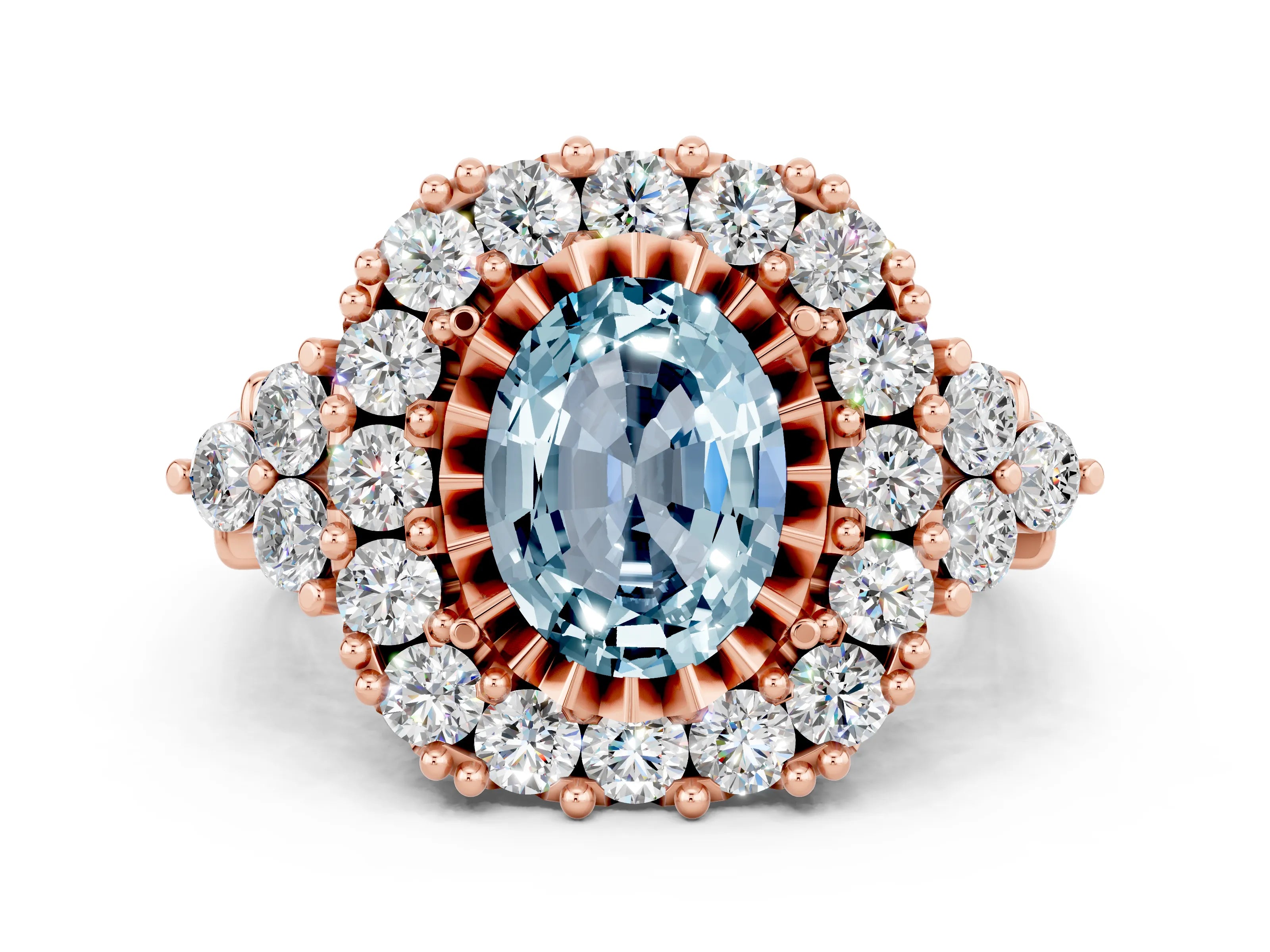 Rose gold Oval Cut Aquamarine Halo Ring with Pavé Band and Four-Prong Setting_12
