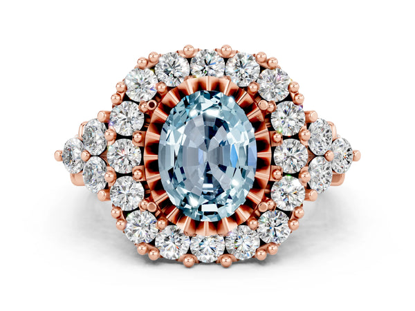 Rose gold Oval Cut Aquamarine Halo Ring with Pavé Band and Four-Prong Setting