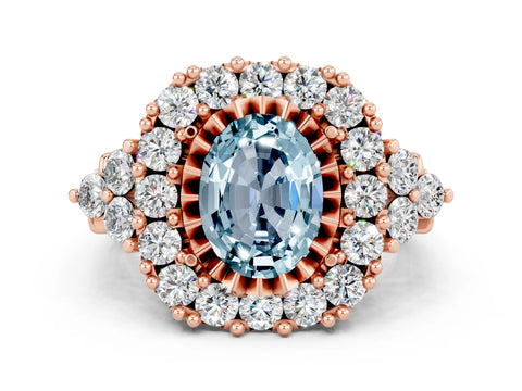 Rose gold Oval Cut Aquamarine Halo Ring with Pavé Band and Four-Prong Setting_12
