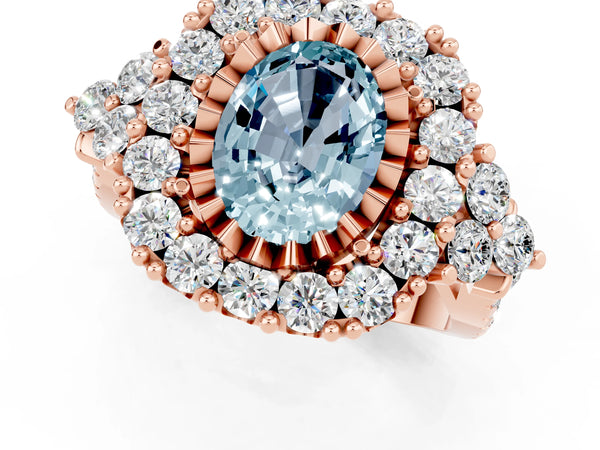 Rose gold Oval Cut Aquamarine Halo Ring with Pavé Band and Four-Prong Setting