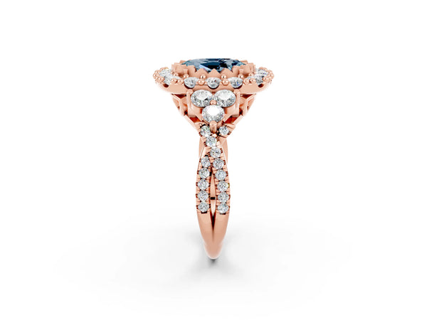 Rose gold Oval Cut Aquamarine Halo Ring with Pavé Band and Four-Prong Setting