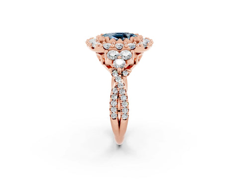 Rose gold Oval Cut Aquamarine Halo Ring with Pavé Band and Four-Prong Setting_14