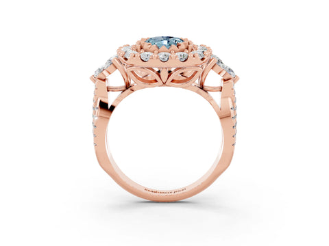 Rose gold Oval Cut Aquamarine Halo Ring with Pavé Band and Four-Prong Setting_15