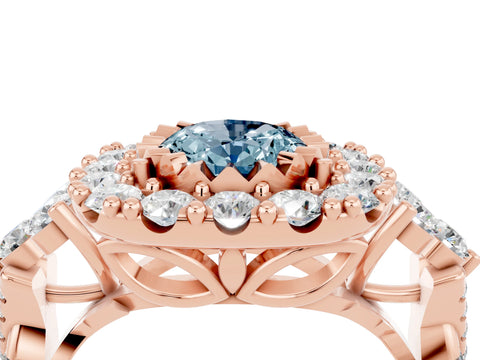 Rose gold Oval Cut Aquamarine Halo Ring with Pavé Band and Four-Prong Setting_16