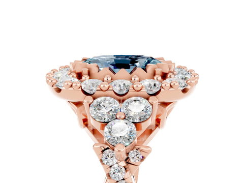 Rose gold Oval Cut Aquamarine Halo Ring with Pavé Band and Four-Prong Setting_17