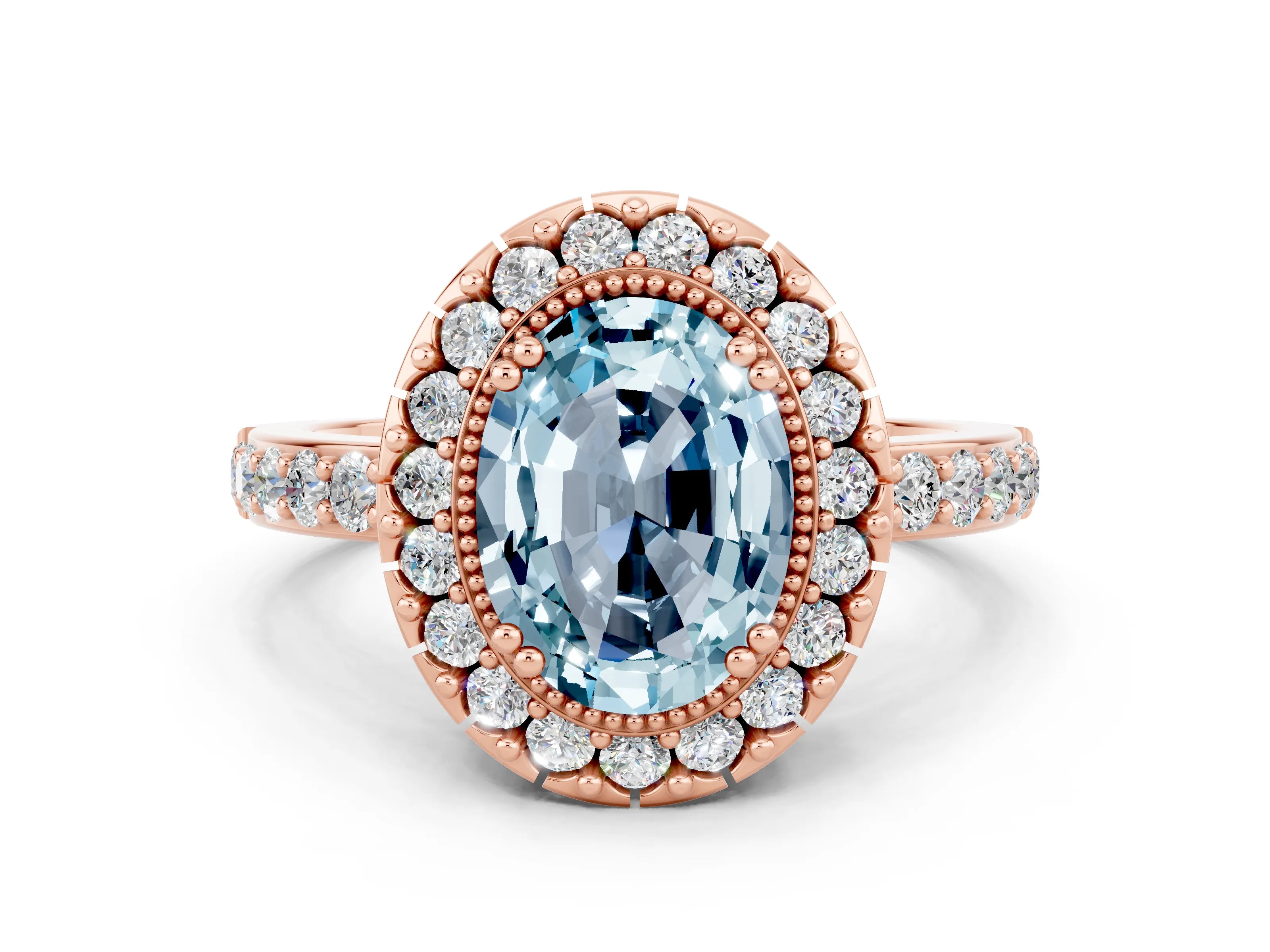 Rose gold Oval Cut Aquamarine Halo Ring with Pavé Band and Prong Setting