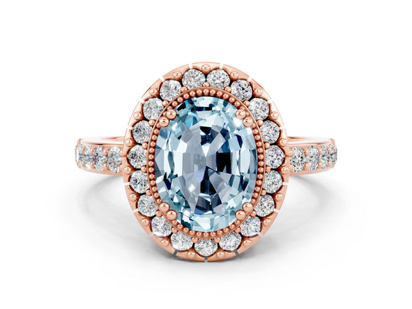 Rose gold Oval Cut Aquamarine Halo Ring with Pavé Band and Prong Setting