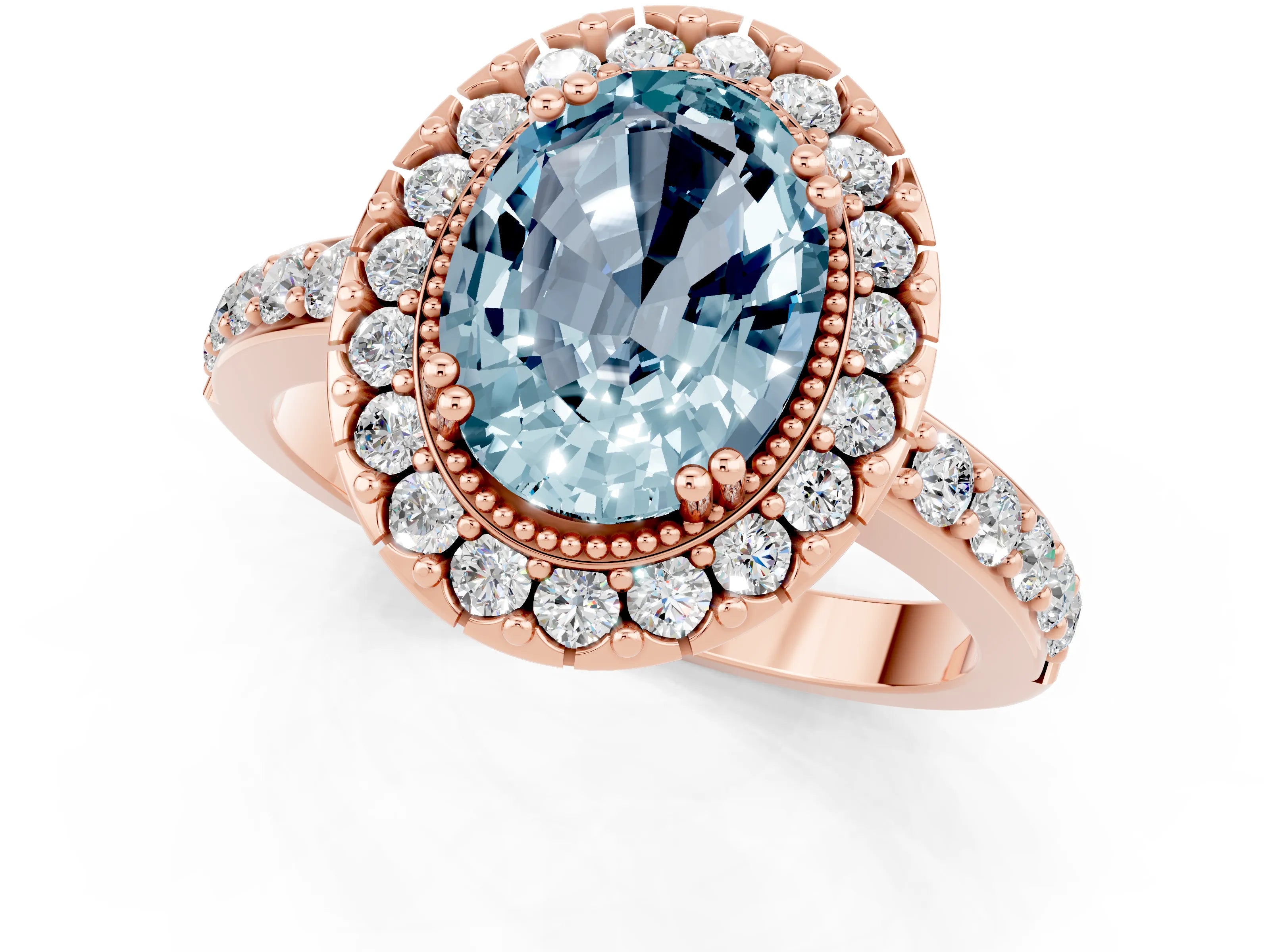 Rose gold Oval Cut Aquamarine Halo Ring with Pavé Band and Prong Setting_1