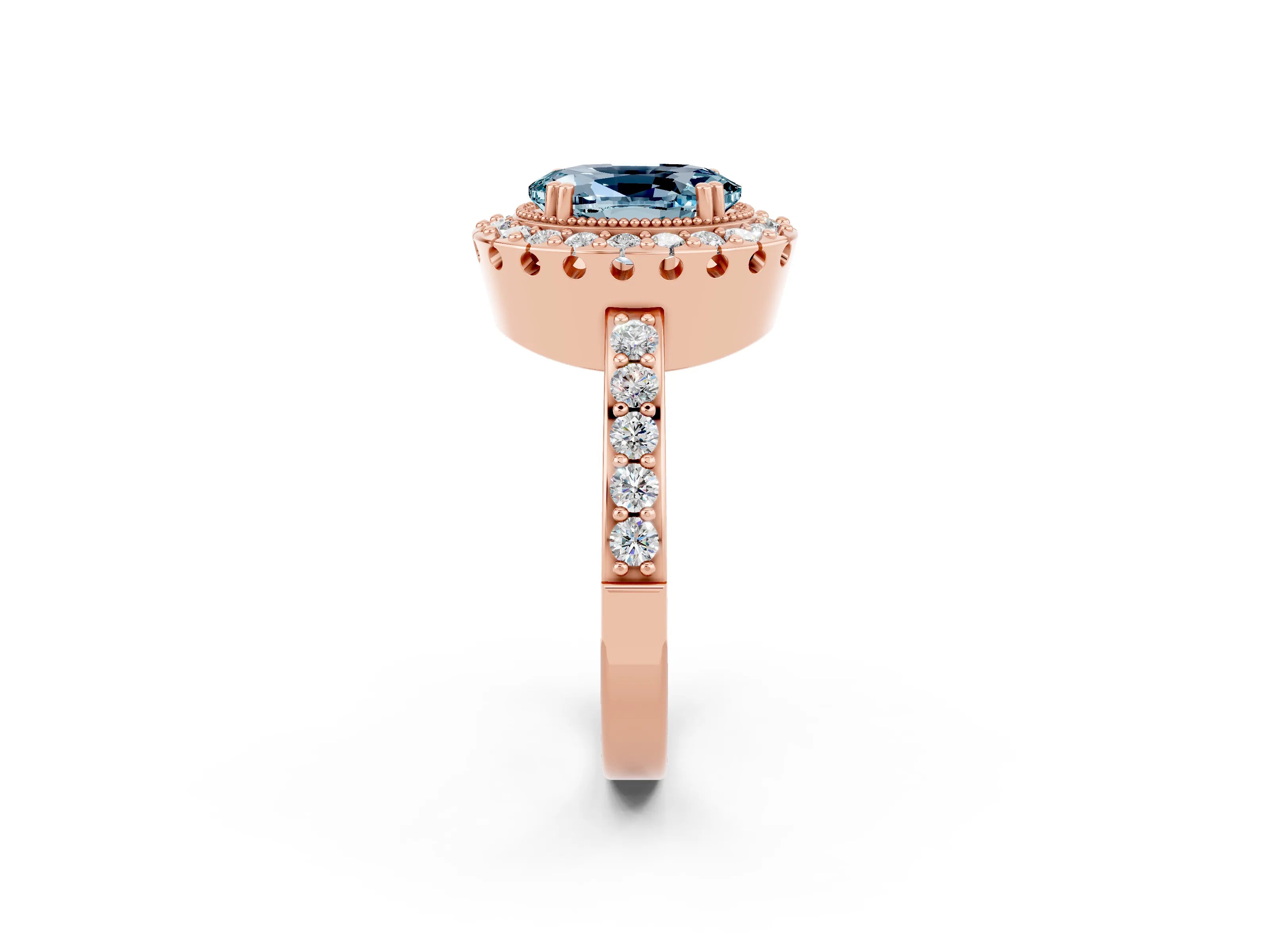 Rose gold Oval Cut Aquamarine Halo Ring with Pavé Band and Prong Setting_2