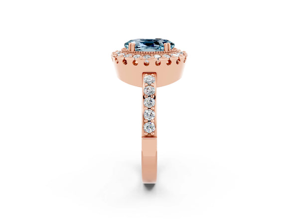 Rose gold Oval Cut Aquamarine Halo Ring with Pavé Band and Prong Setting