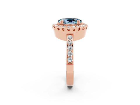 Rose gold Oval Cut Aquamarine Halo Ring with Pavé Band and Prong Setting_2