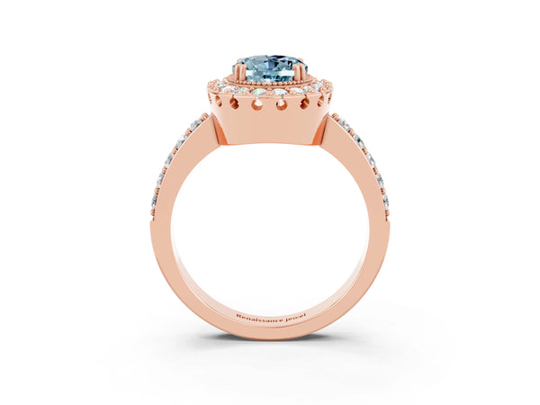 Rose gold Oval Cut Aquamarine Halo Ring with Pavé Band and Prong Setting
