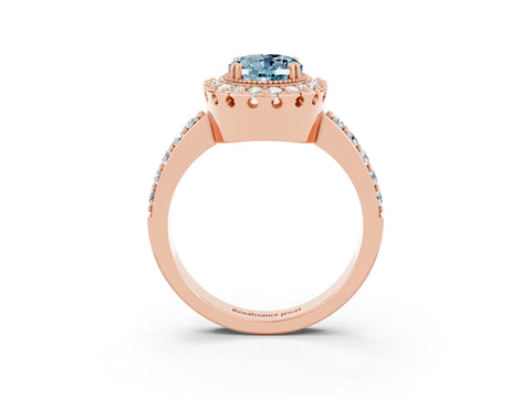 Rose gold Oval Cut Aquamarine Halo Ring with Pavé Band and Prong Setting_3