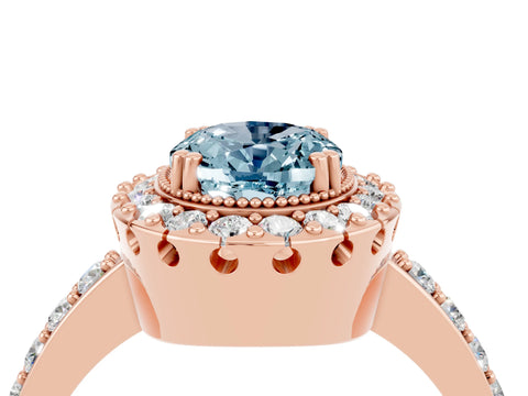 Rose gold Oval Cut Aquamarine Halo Ring with Pavé Band and Prong Setting_4
