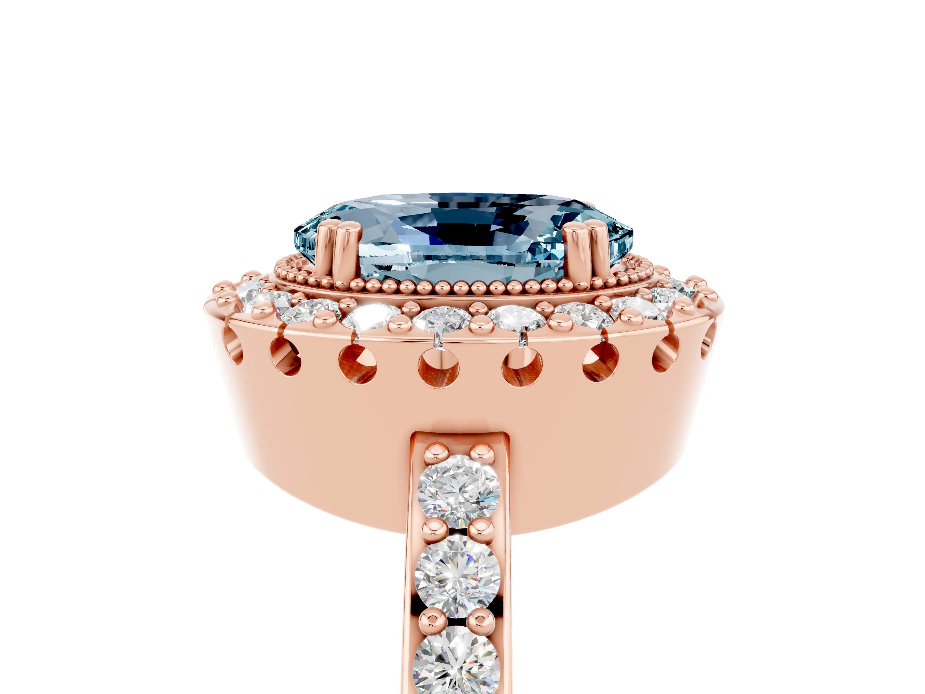 Rose gold Oval Cut Aquamarine Halo Ring with Pavé Band and Prong Setting_5