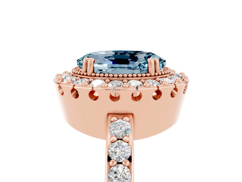 Rose gold Oval Cut Aquamarine Halo Ring with Pavé Band and Prong Setting_5