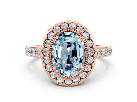 Rose gold Oval Cut Aquamarine Halo Ring with Pavé Band and Prong Setting