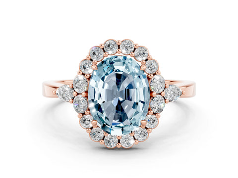 Rose gold Oval Cut Aquamarine Halo Ring with Pear Side Stones and Prong Setting_12