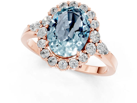 Rose gold Oval Cut Aquamarine Halo Ring with Pear Side Stones and Prong Setting_13