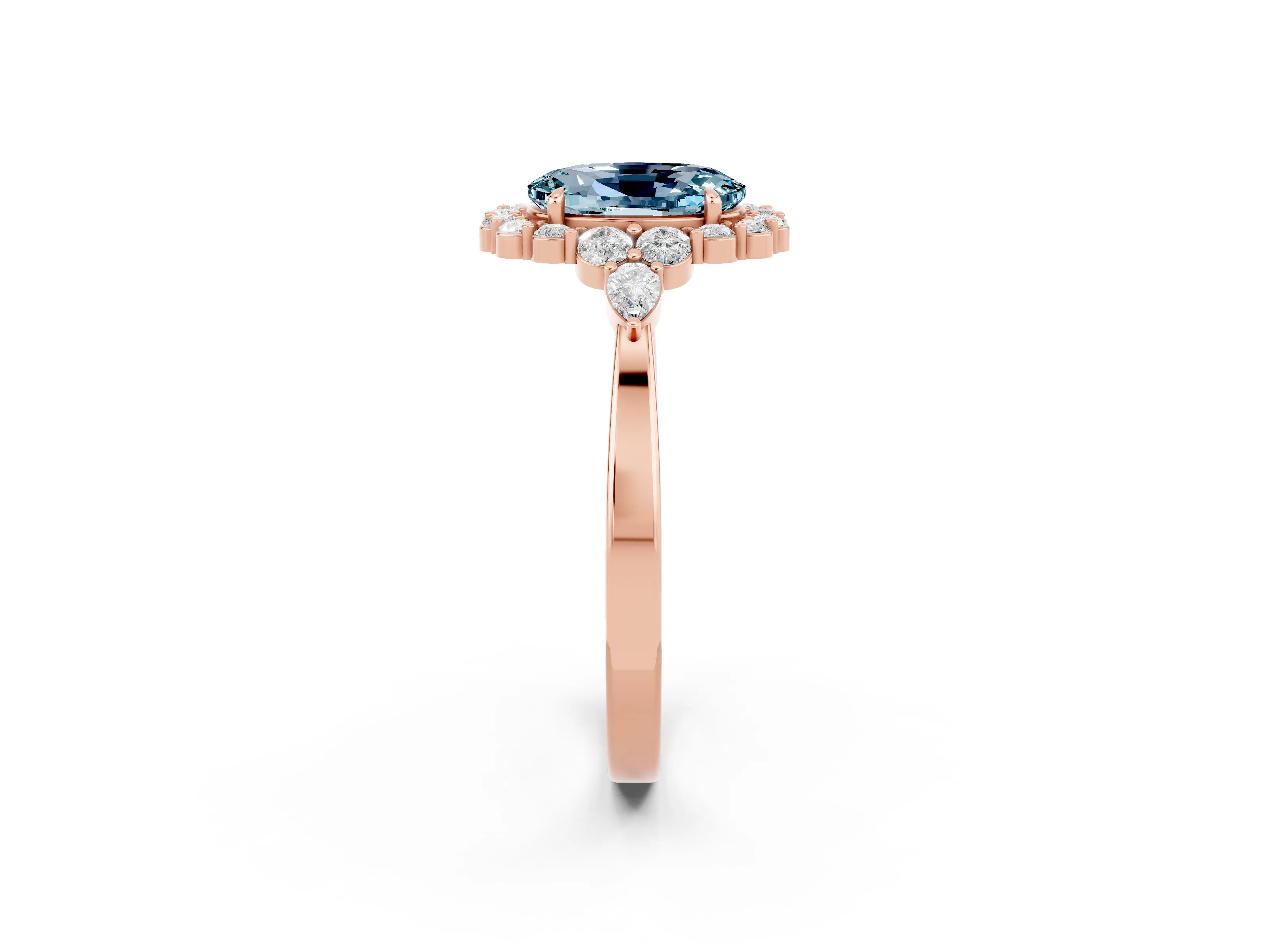Rose gold Oval Cut Aquamarine Halo Ring with Pear Side Stones and Prong Setting_14