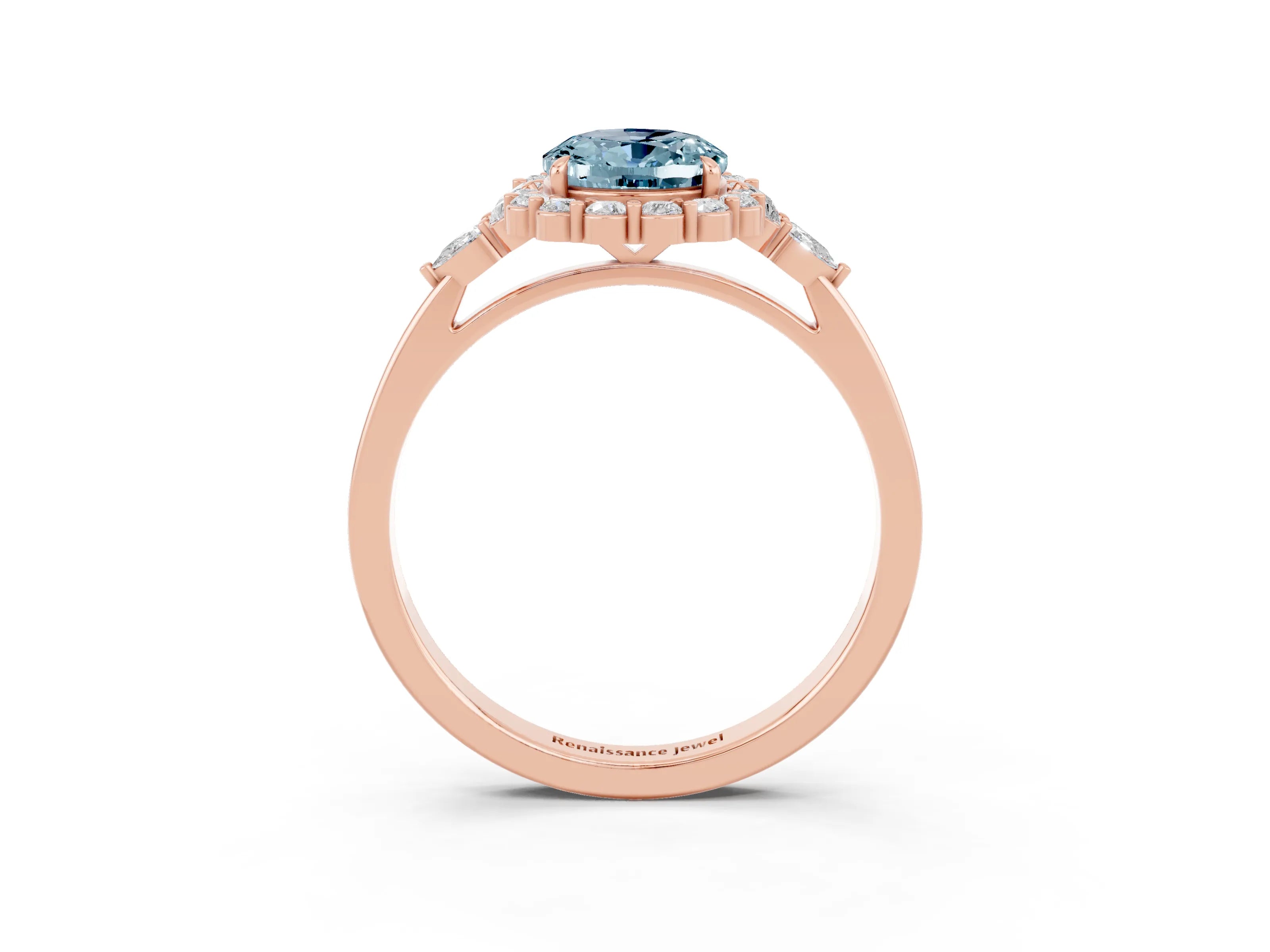 Rose gold Oval Cut Aquamarine Halo Ring with Pear Side Stones and Prong Setting_15