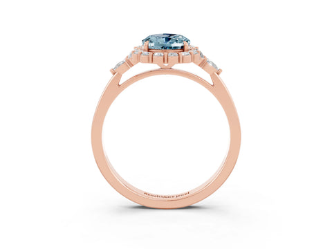 Rose gold Oval Cut Aquamarine Halo Ring with Pear Side Stones and Prong Setting_15