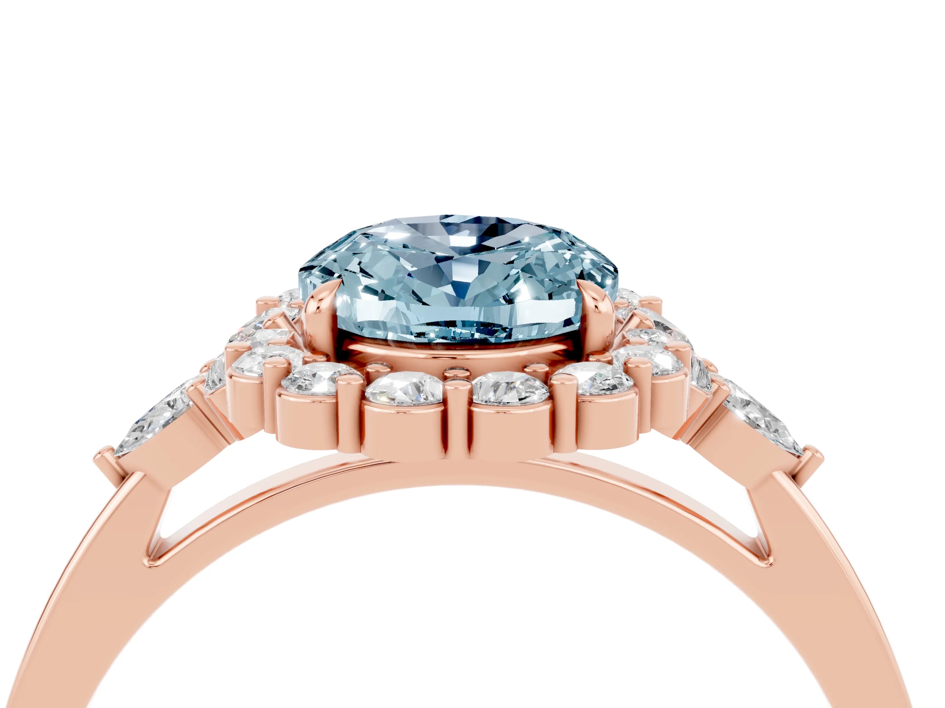 Rose gold Oval Cut Aquamarine Halo Ring with Pear Side Stones and Prong Setting_16