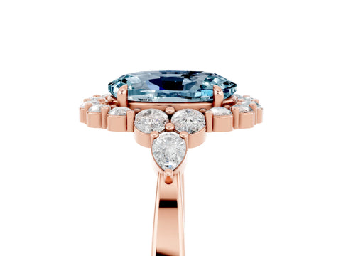 Rose gold Oval Cut Aquamarine Halo Ring with Pear Side Stones and Prong Setting_17